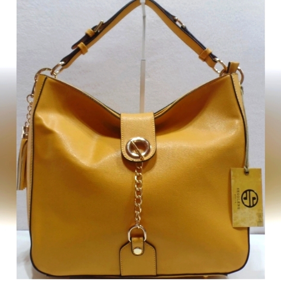 New Segolene Paris XL Hobo Handbag Tote Chain Closure Tassel Mustard Tan #H030 - Picture 1 of 13